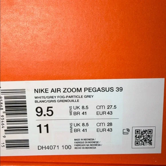 Nike Air Zoom Pegasus 39 White Particle Grey DH4071-100 Men’s Size 9.5